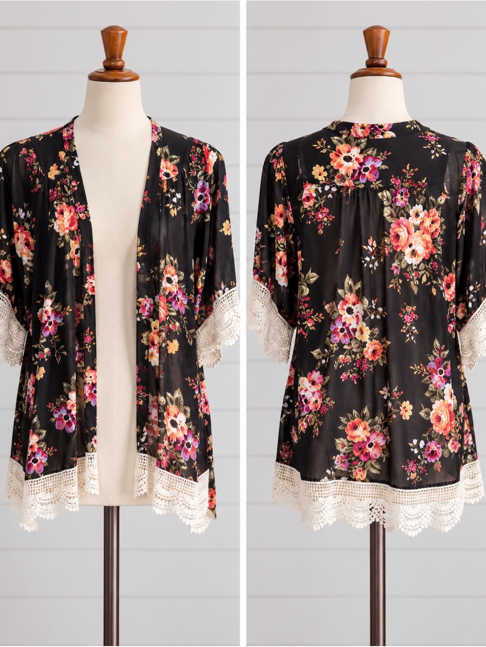 Pomelo Black Floral Crochet-Trim Open Cardigan